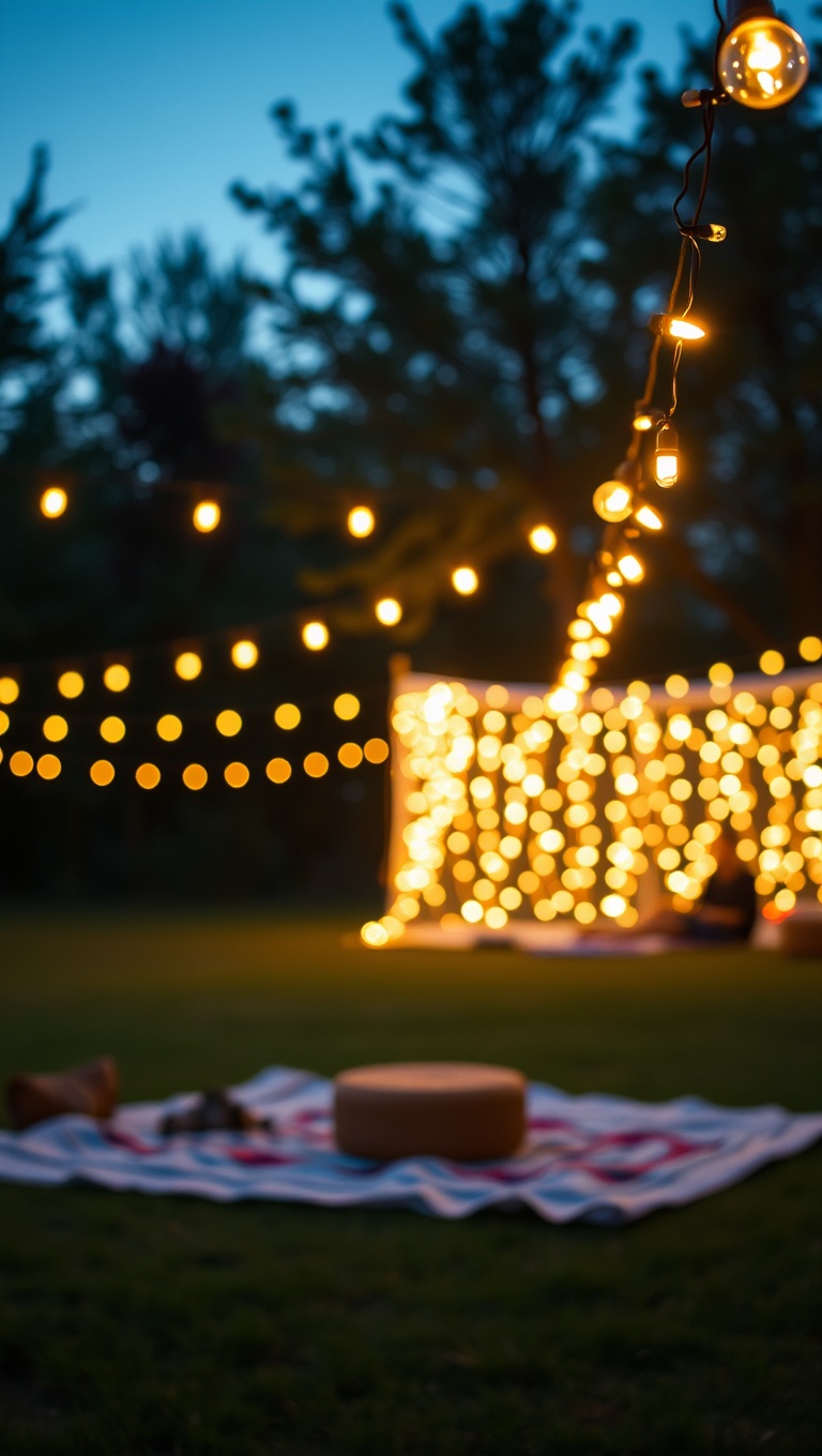 20 Twinkling Ideas to Brighten Up Your Outdoors with String Lights - 19. Stargazing Spot: Hang Lights Over a Blanket Area