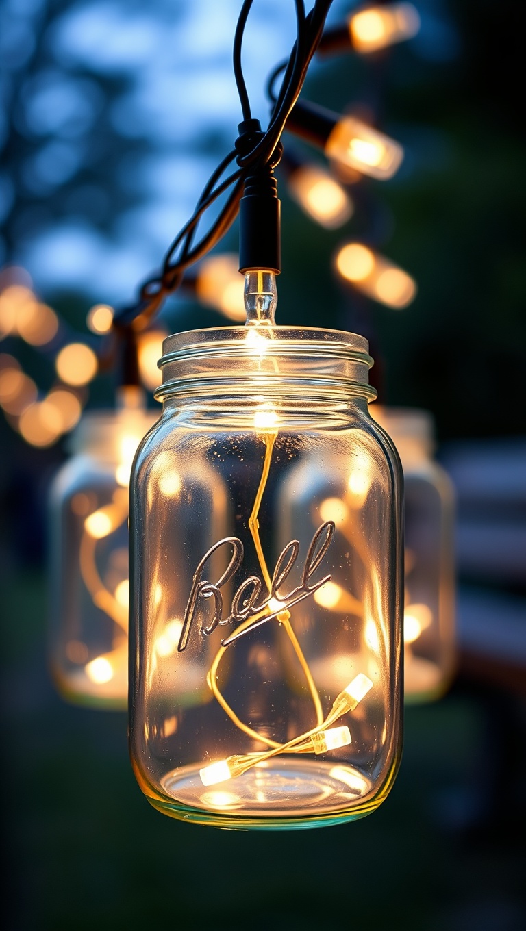 20 Twinkling Ideas to Brighten Up Your Outdoors with String Lights - 8. Rustic Charm: Use Mason Jars with String Lights Inside