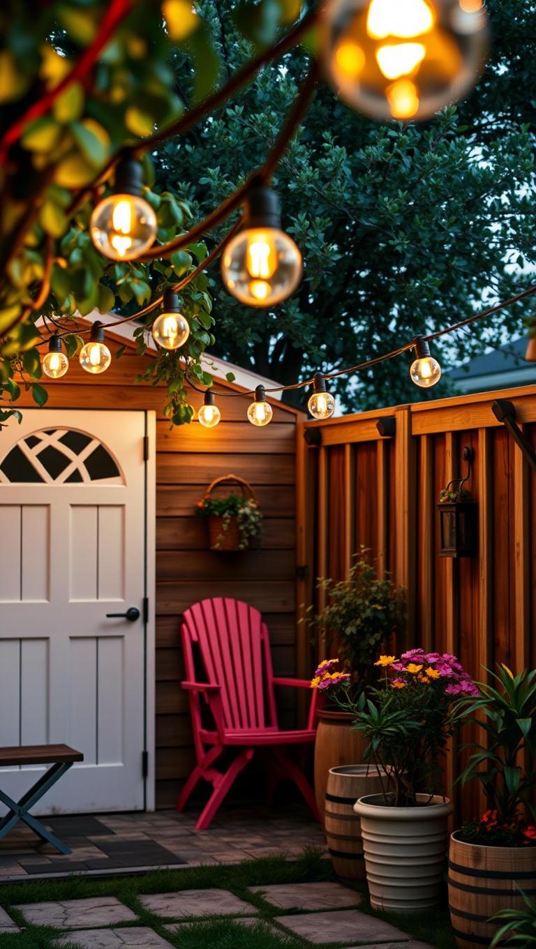 20 Twinkling Ideas to Brighten Up Your Outdoors with String Lights - 16. Light Up Your Garden Shed: A Beautiful Focal Point