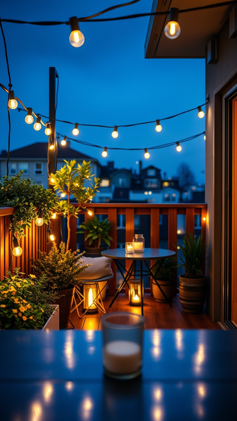 20 Twinkling Ideas to Brighten Up Your Outdoors with String Lights - 18. Balcony Bliss: Transform Small Spaces with Lights