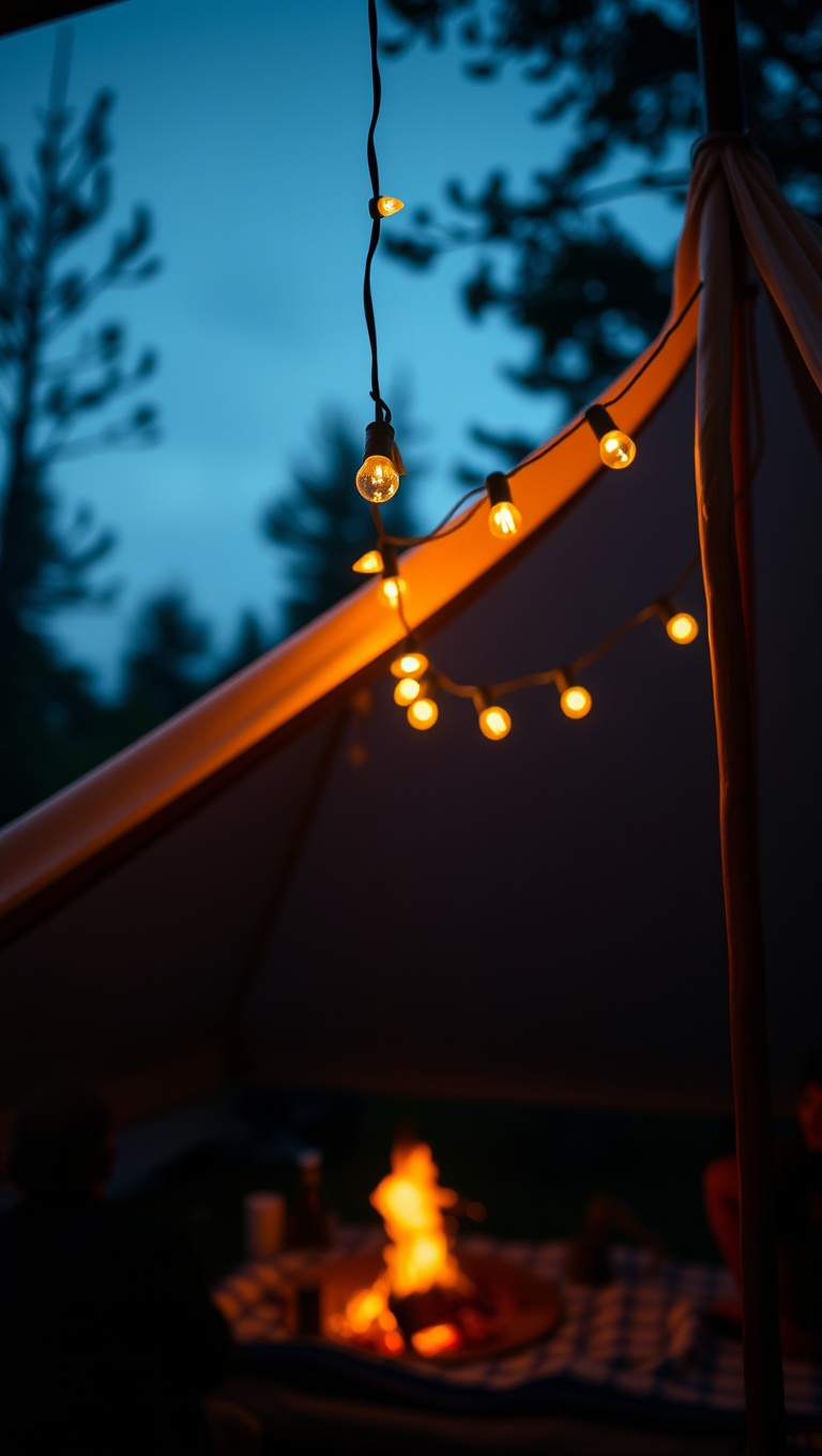 20 Twinkling Ideas to Brighten Up Your Outdoors with String Lights - 9. Camping Style: Hang Lights in Your Tent