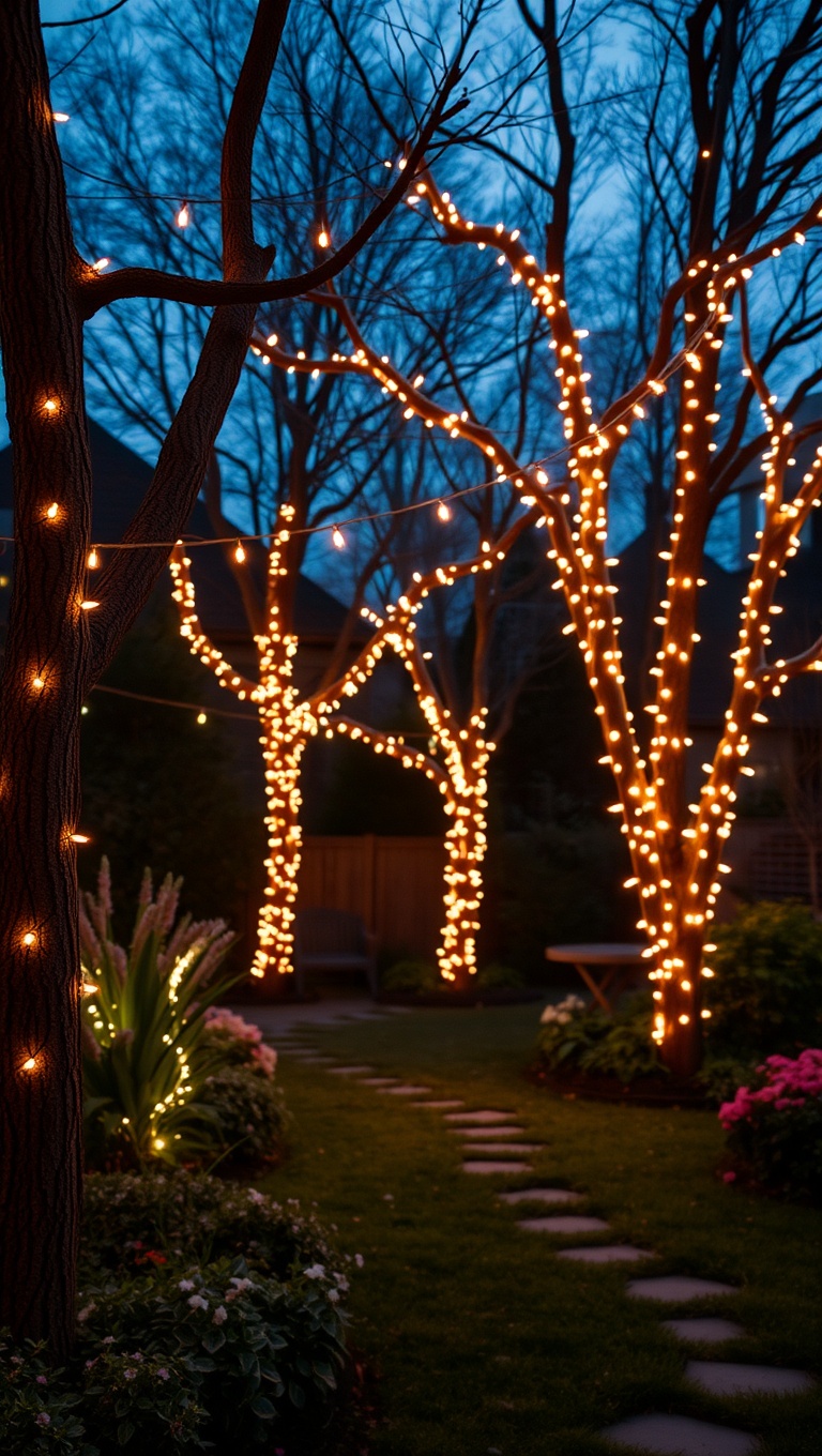 20 Twinkling Ideas to Brighten Up Your Outdoors with String Lights - 2. Enchanted Garden: Wrap Lights Around Trees