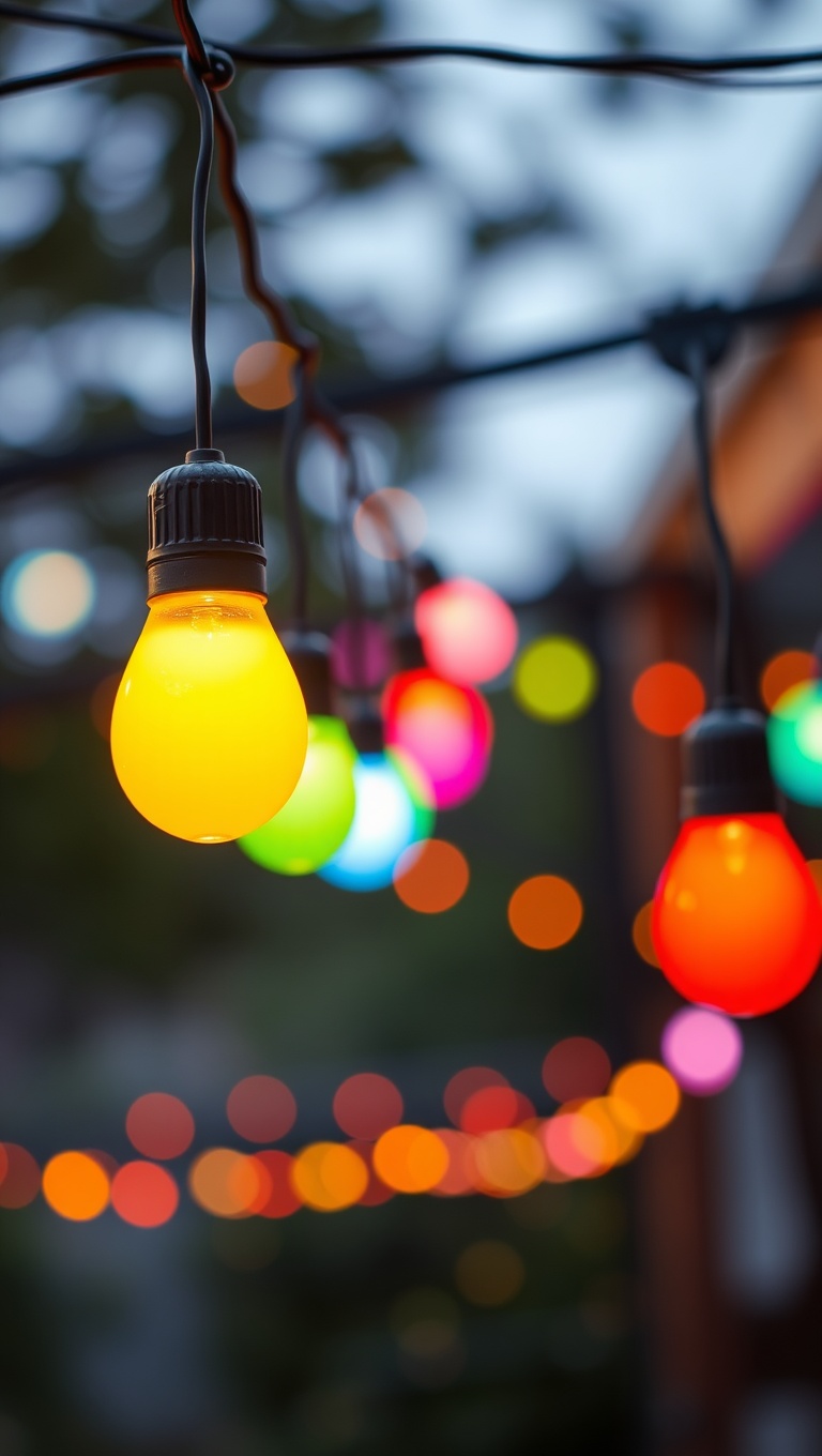 20 Twinkling Ideas to Brighten Up Your Outdoors with String Lights - 6. Festival Feel: Use Colorful Bulbs for a Fun Party