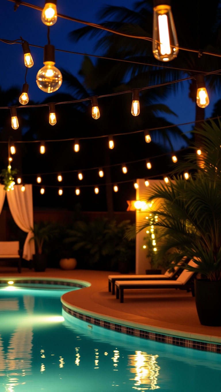 20 Twinkling Ideas to Brighten Up Your Outdoors with String Lights - 5. Poolside Paradise: Illuminate Your Pool Area