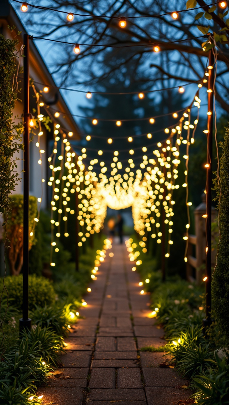 20 Twinkling Ideas to Brighten Up Your Outdoors with String Lights - 7. Magical Pathway: Line Your Walkway with Fairy Lights