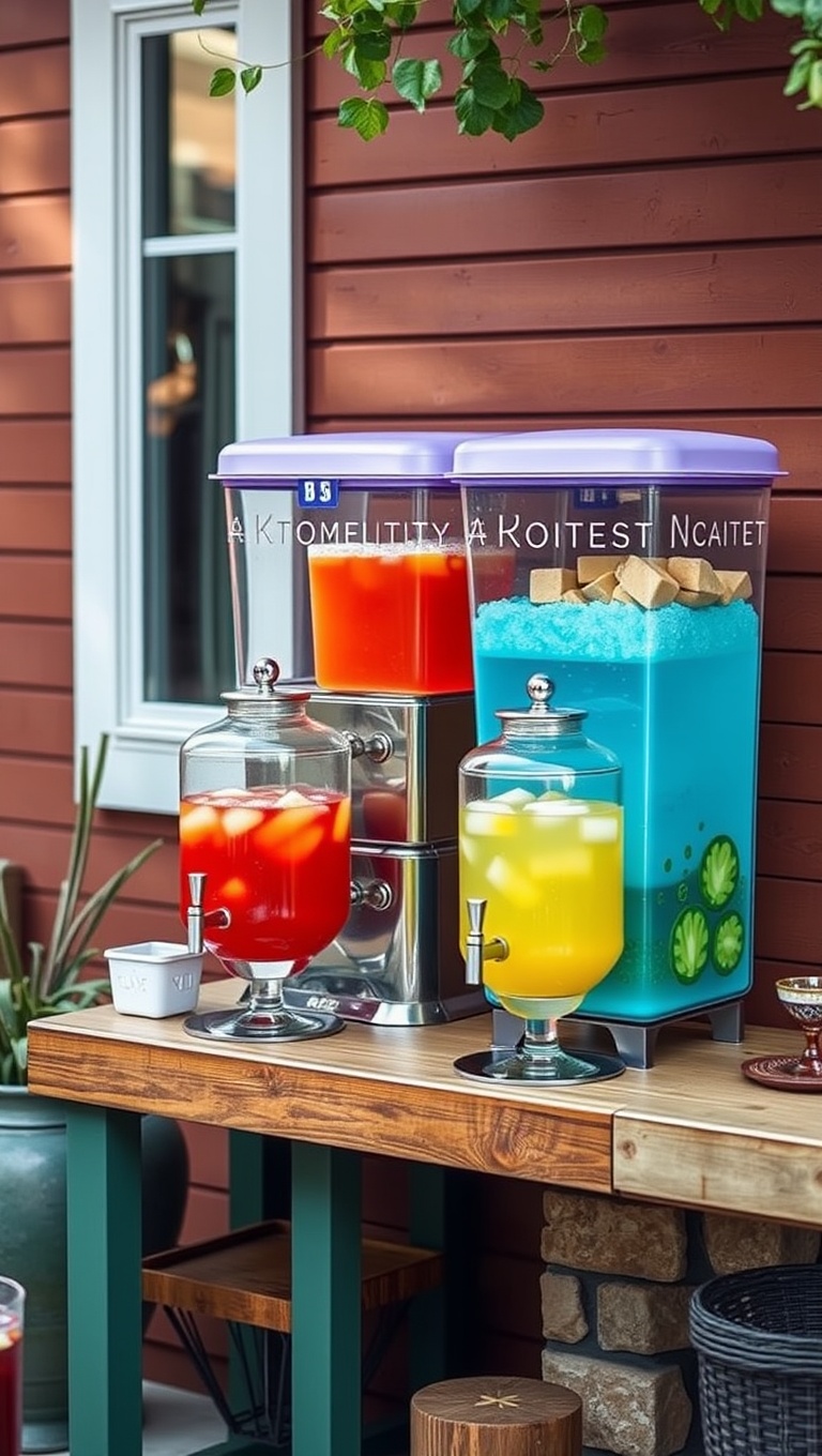 20 Creative Ideas for Your Perfect Patio Drink Station - 10. Colorful Drink Dispenser Setup