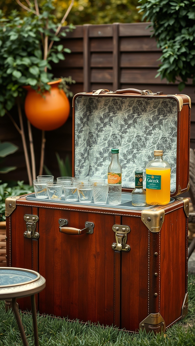 20 Creative Ideas for Your Perfect Patio Drink Station - 6. Vintage Suitcase Drink Station
