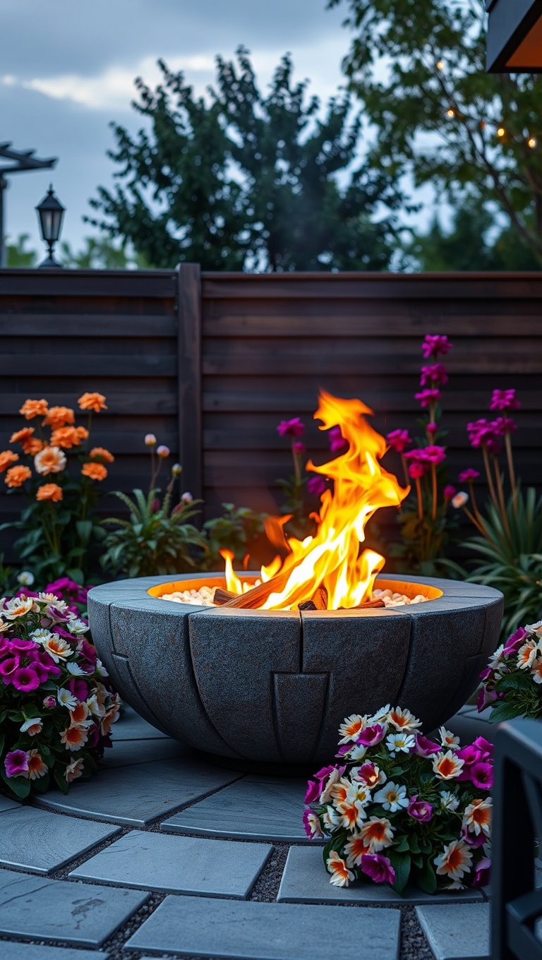 20 Cozy Ideas for Stunning Patio Fire Bowl Designs - 11. Fire Bowl Surrounded by Flowers: Nature’s Touch