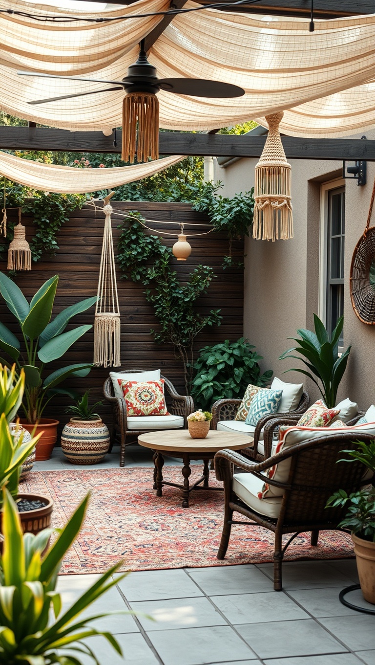 20 Cozy Inspirations for Your Dream Patio Lounge Area - 1. Boho Chic Vibes with Macrame Hangings