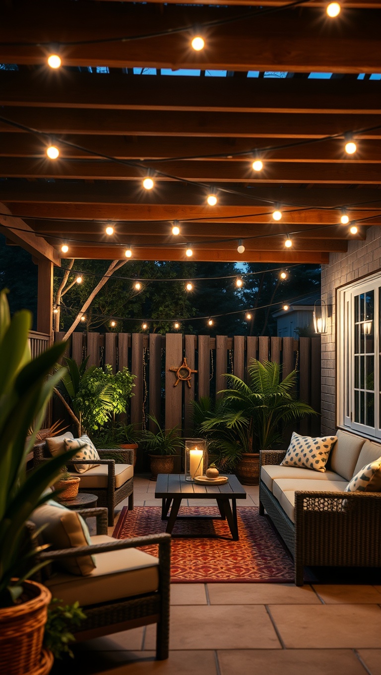 20 Cozy Inspirations for Your Dream Patio Lounge Area - 8. String Lights for Magical Evenings