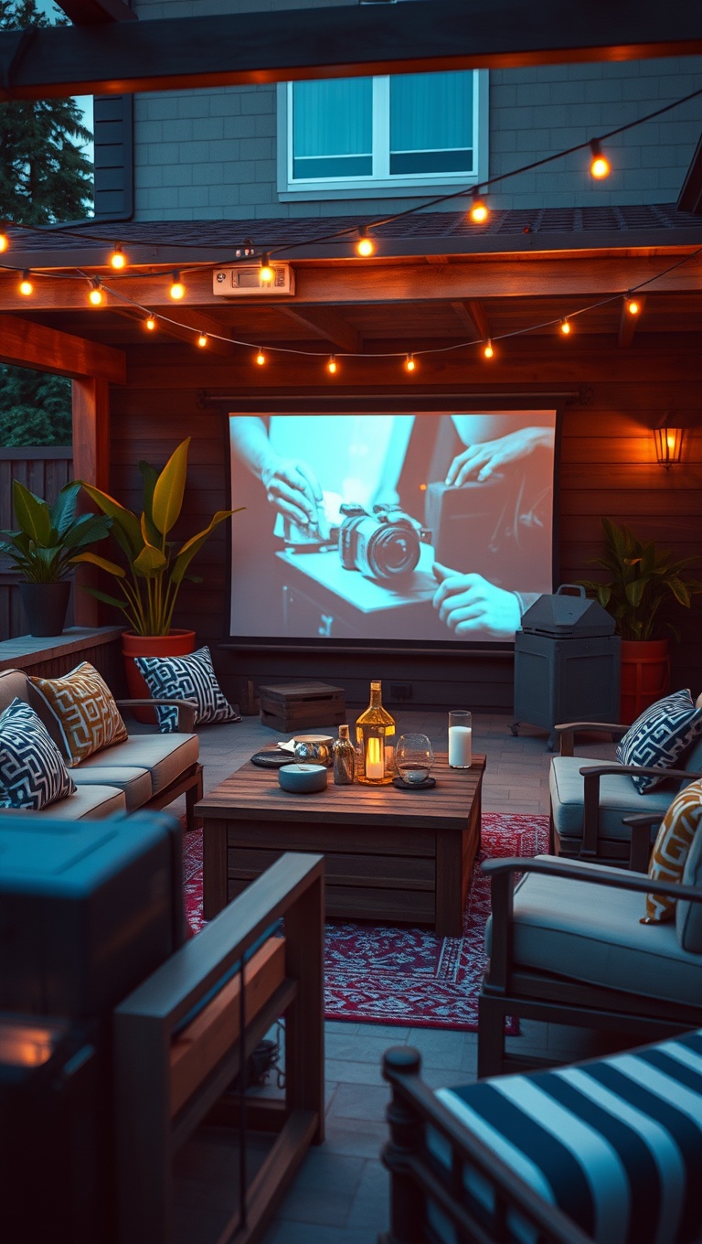 20 Cozy Inspirations for Your Dream Patio Lounge Area - 17. Movie Night Setup with a Projector
