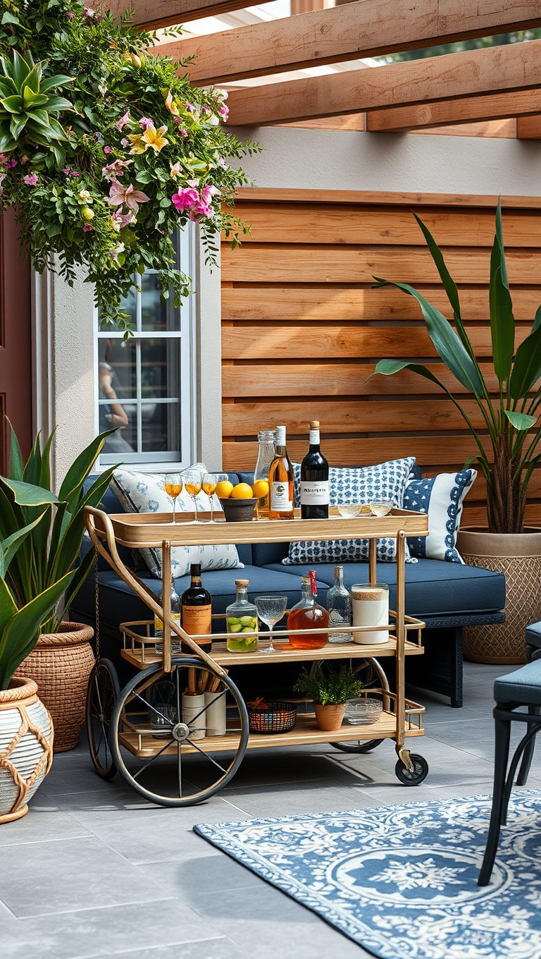 20 Cozy Inspirations for Your Dream Patio Lounge Area - 15. Stylish Bar Cart for Refreshing Drinks