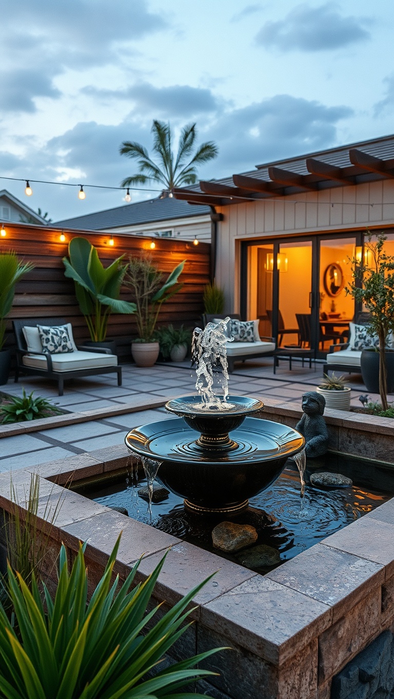 20 Cozy Inspirations for Your Dream Patio Lounge Area - 14. Water Features for Soothing Sounds