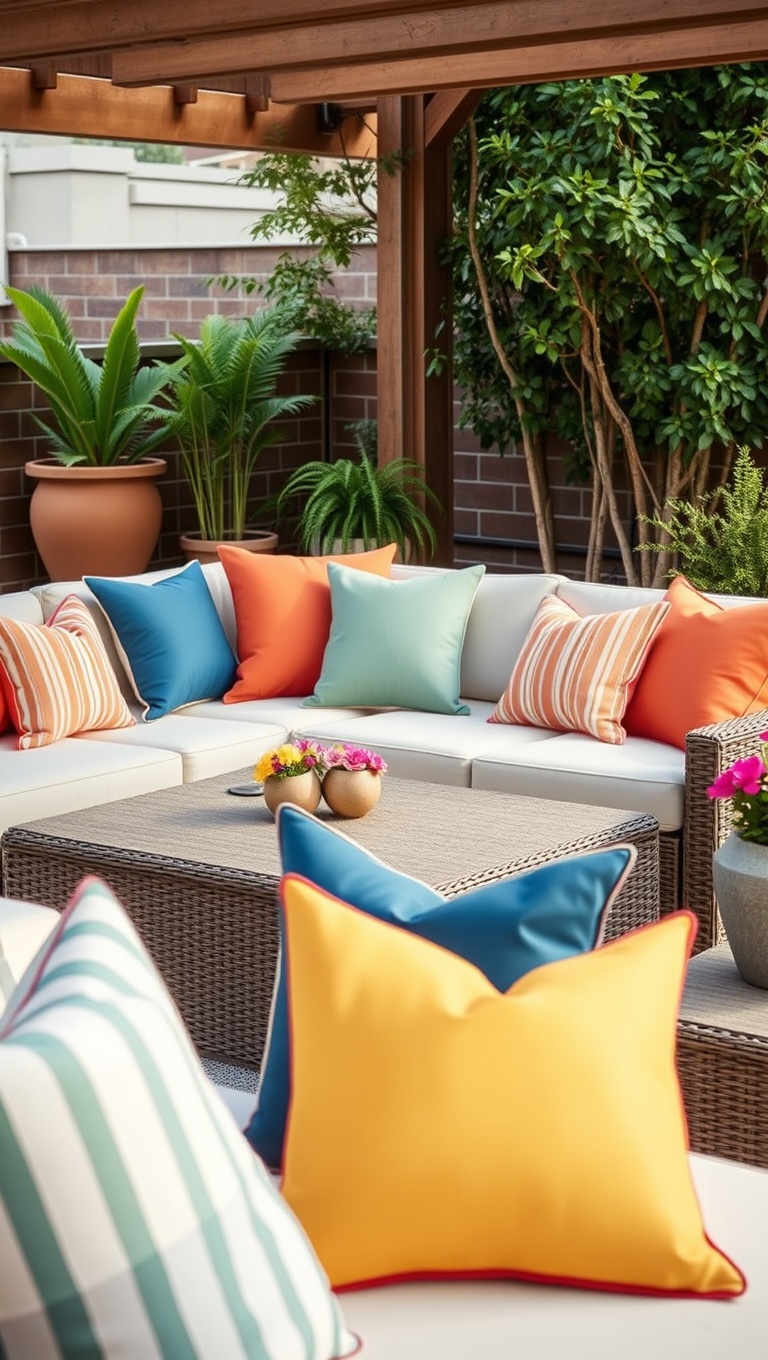 20 Cozy Inspirations for Your Dream Patio Lounge Area - 5. Colorful Pillows for a Pop of Fun