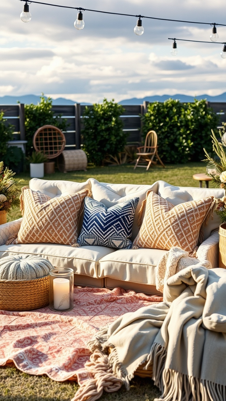 20 Whimsical Patio Picnic Ideas to Spark Your Summer Vibes - 14. Cozy Cushions and Throws