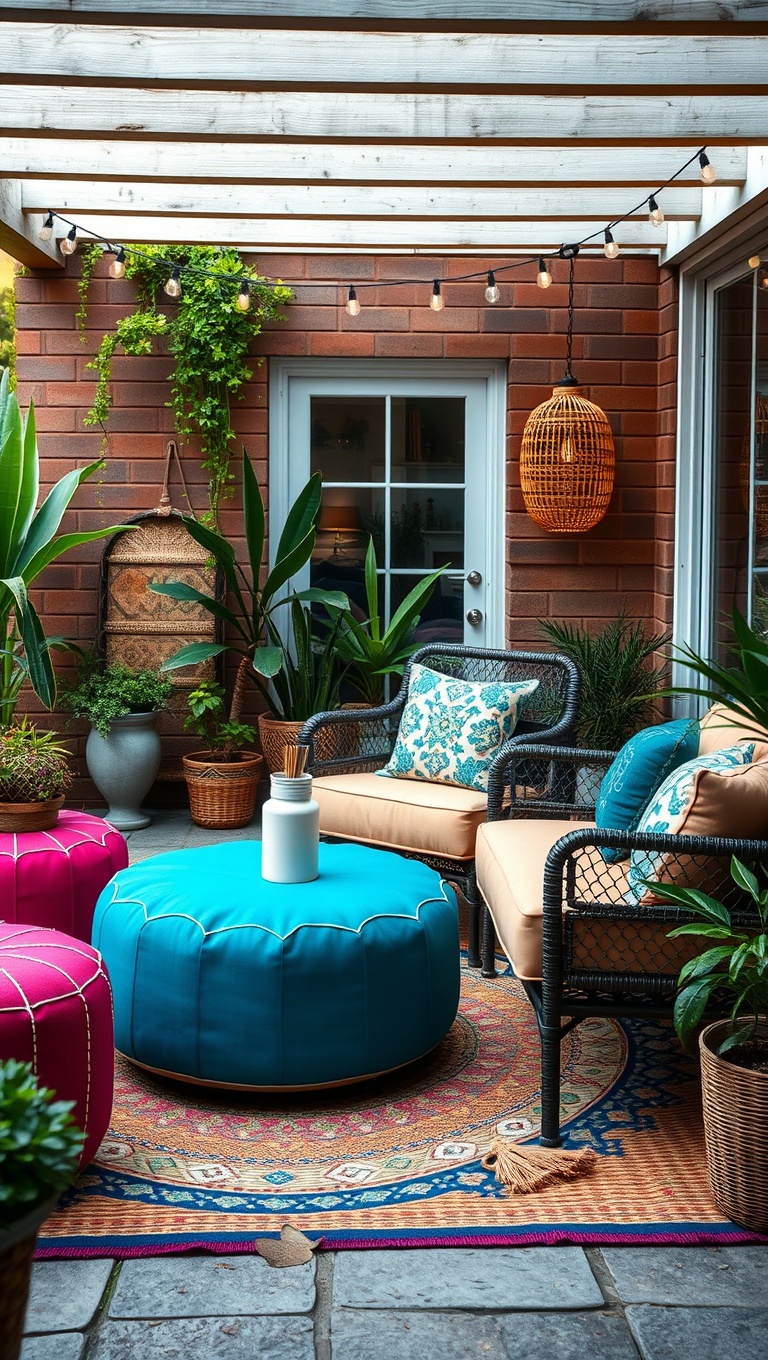 20 Creative Patio Seating Arrangements to Transform Your Outdoor Space - Colorful Poufs for Boho Vibes