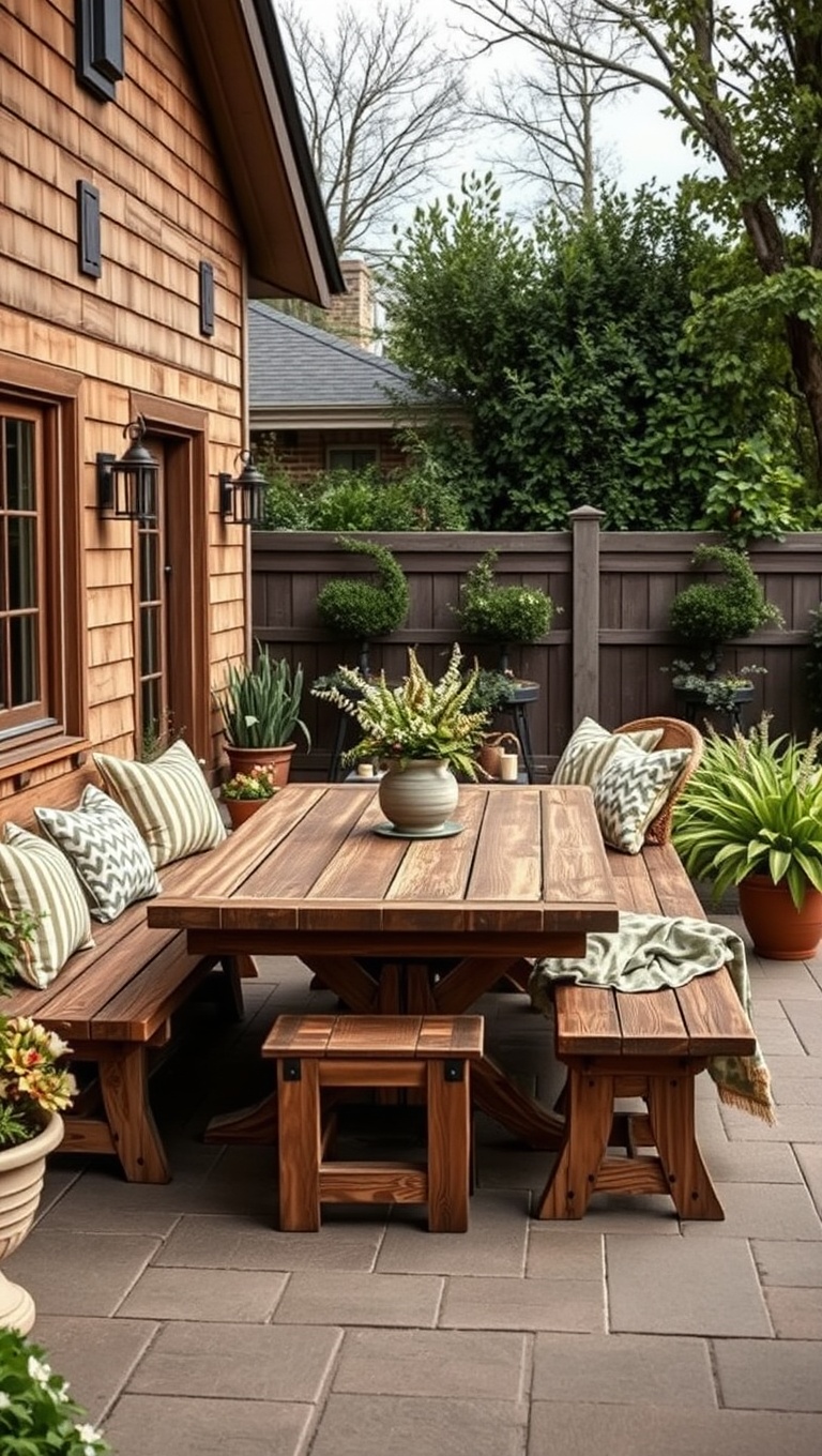 20 Creative Patio Seating Arrangements to Transform Your Outdoor Space - Rustic Farmhouse Table with Benches