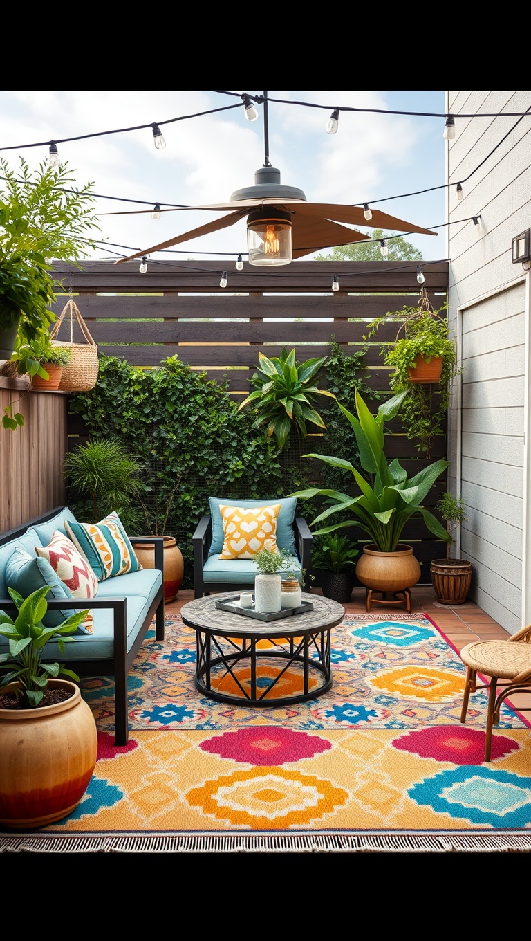 20 Cozy Patio Setups for Family Fun and Relaxation - 15. Colorful Outdoor Rugs: Define Spaces with Fun Patterns