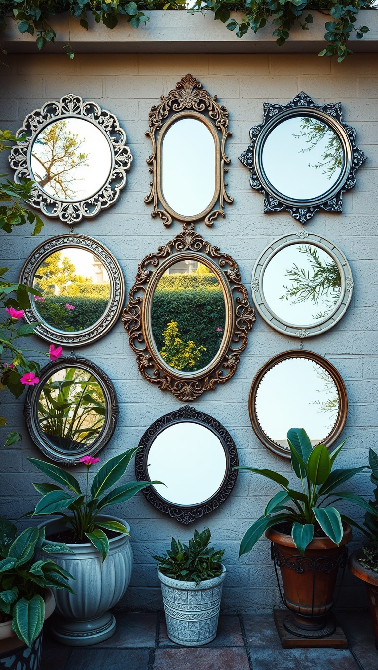 20 Creative Ideas for Patio Wall Art to Brighten Your Outdoor Space! - 6. Whimsical Garden Mirrors