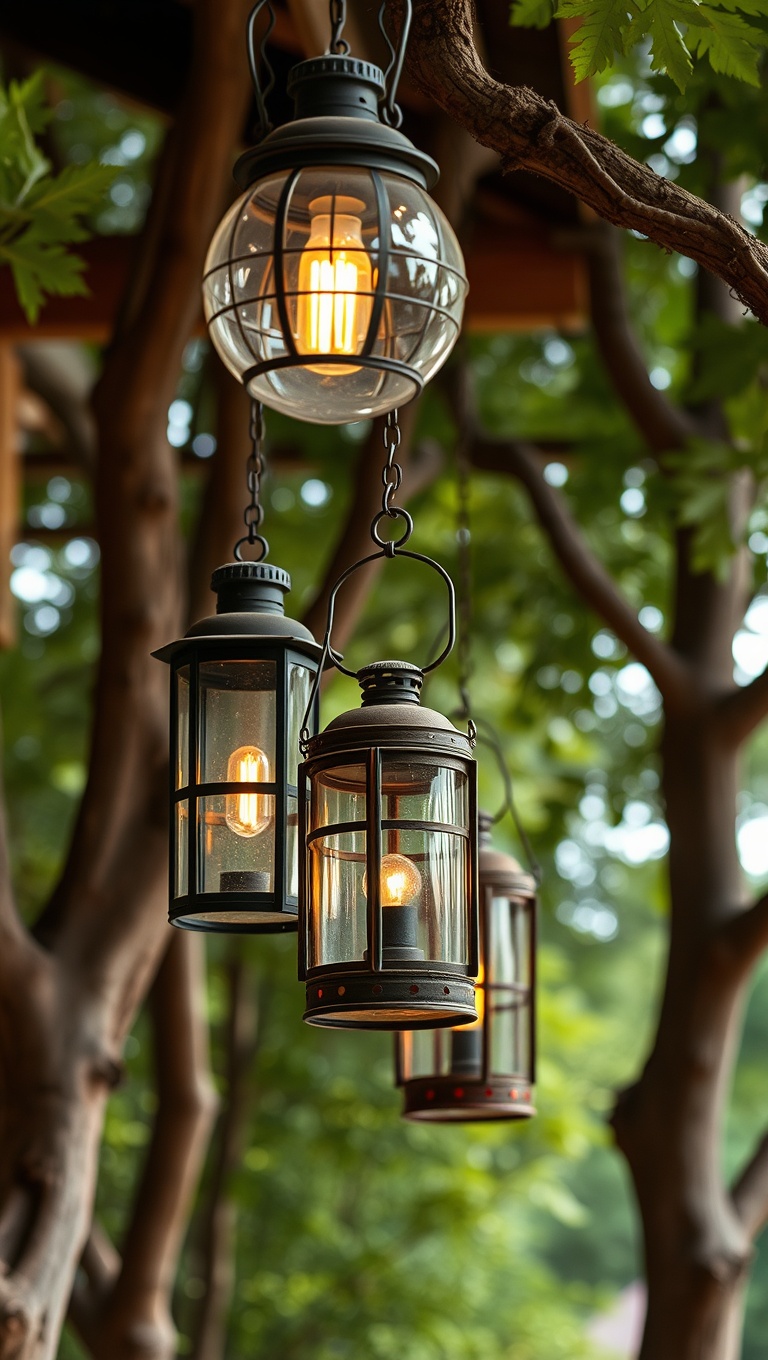 20 Charming Rustic Outdoor Lighting Ideas to Brighten Your Space - 2. Vintage Lanterns Hanging from Trees