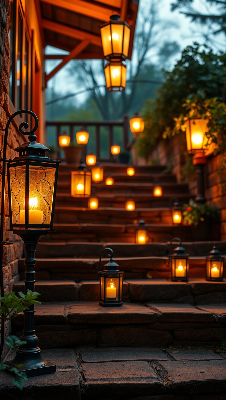 20 Charming Rustic Outdoor Lighting Ideas to Brighten Your Space - 11. Warm Glow of Lanterns on the Steps