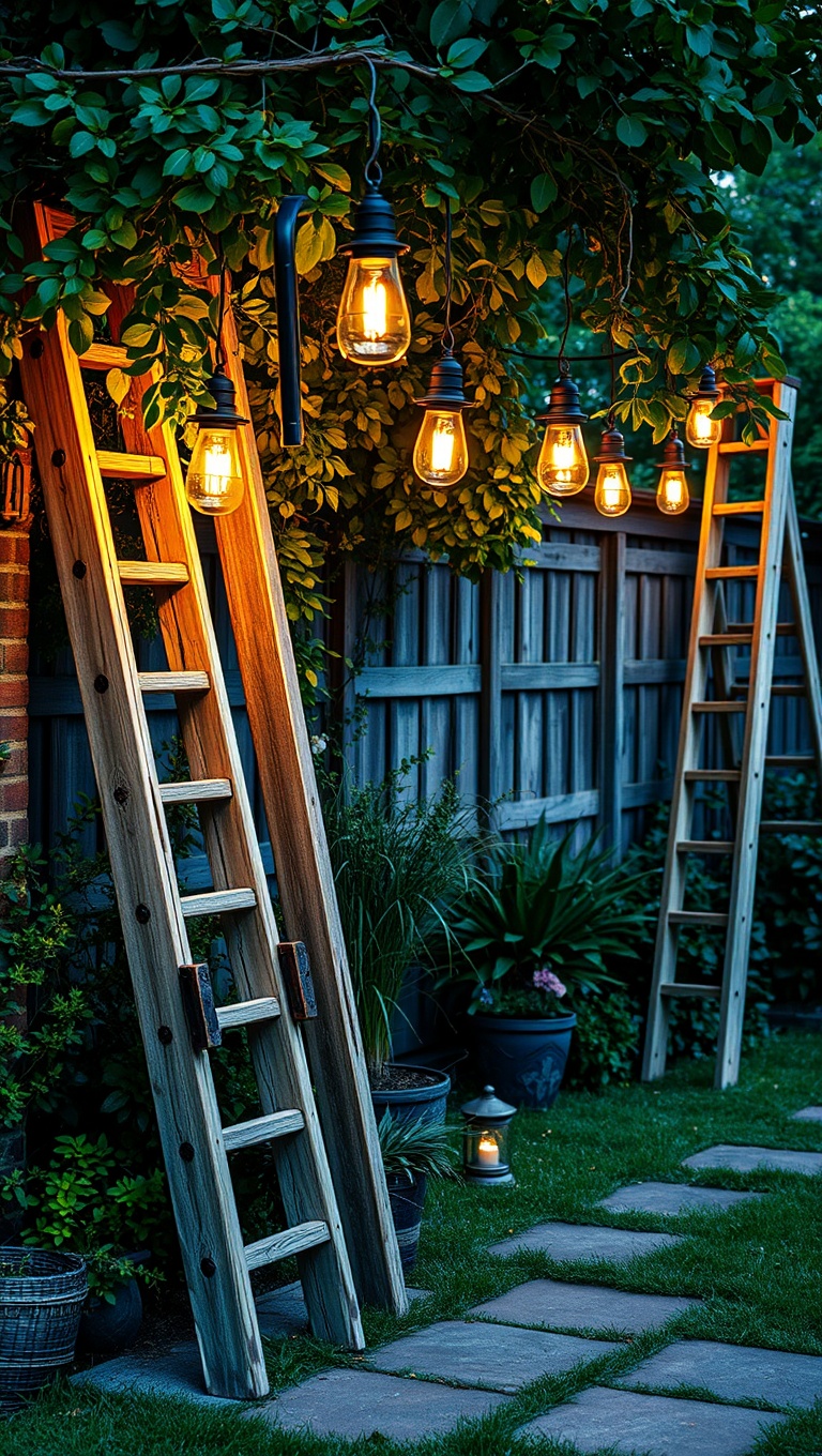 20 Charming Rustic Outdoor Lighting Ideas to Brighten Your Space - 14. Rustic Garden Lights Made from Old Ladders