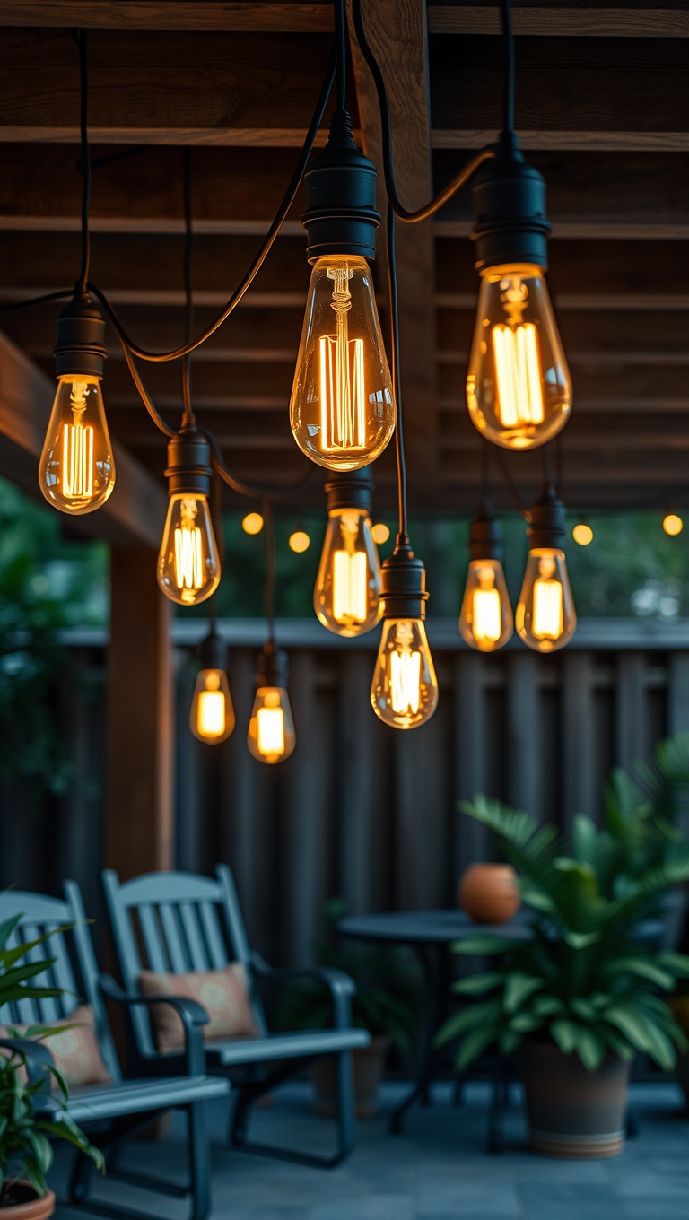 20 Charming Rustic Outdoor Lighting Ideas to Brighten Your Space - 8. Old-Fashioned Edison Bulbs on a Patio