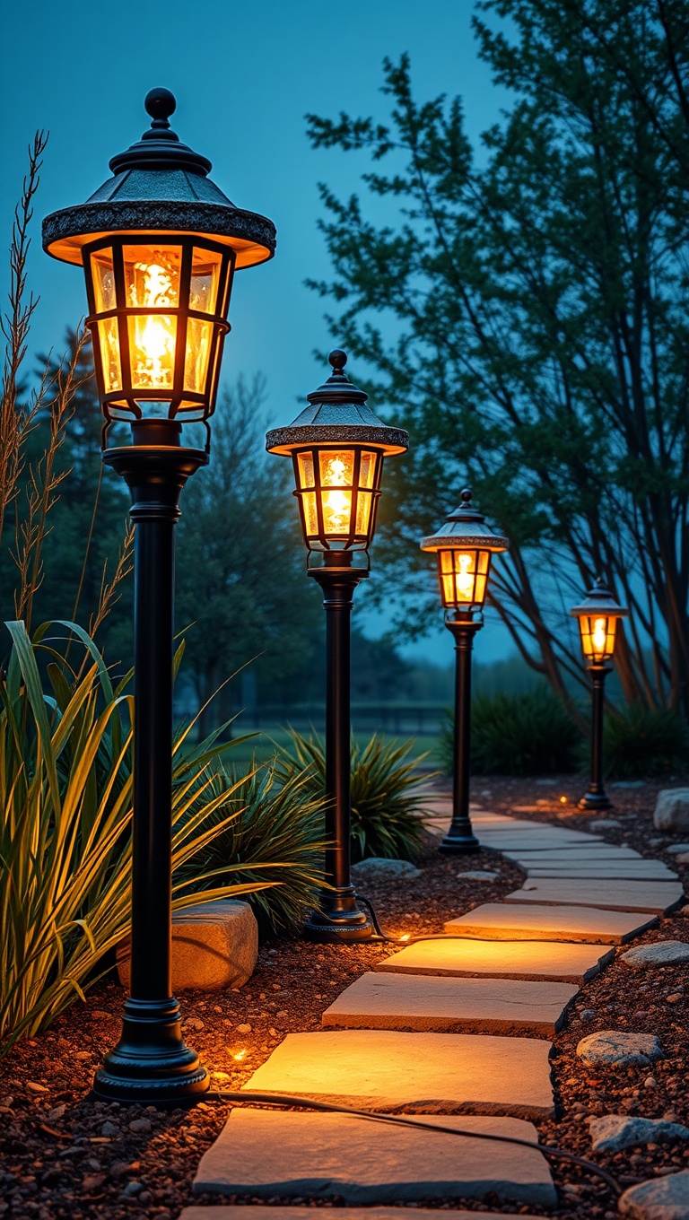 20 Charming Rustic Outdoor Lighting Ideas to Brighten Your Space - 9. Beautifully Crafted Stone Pathway Lights