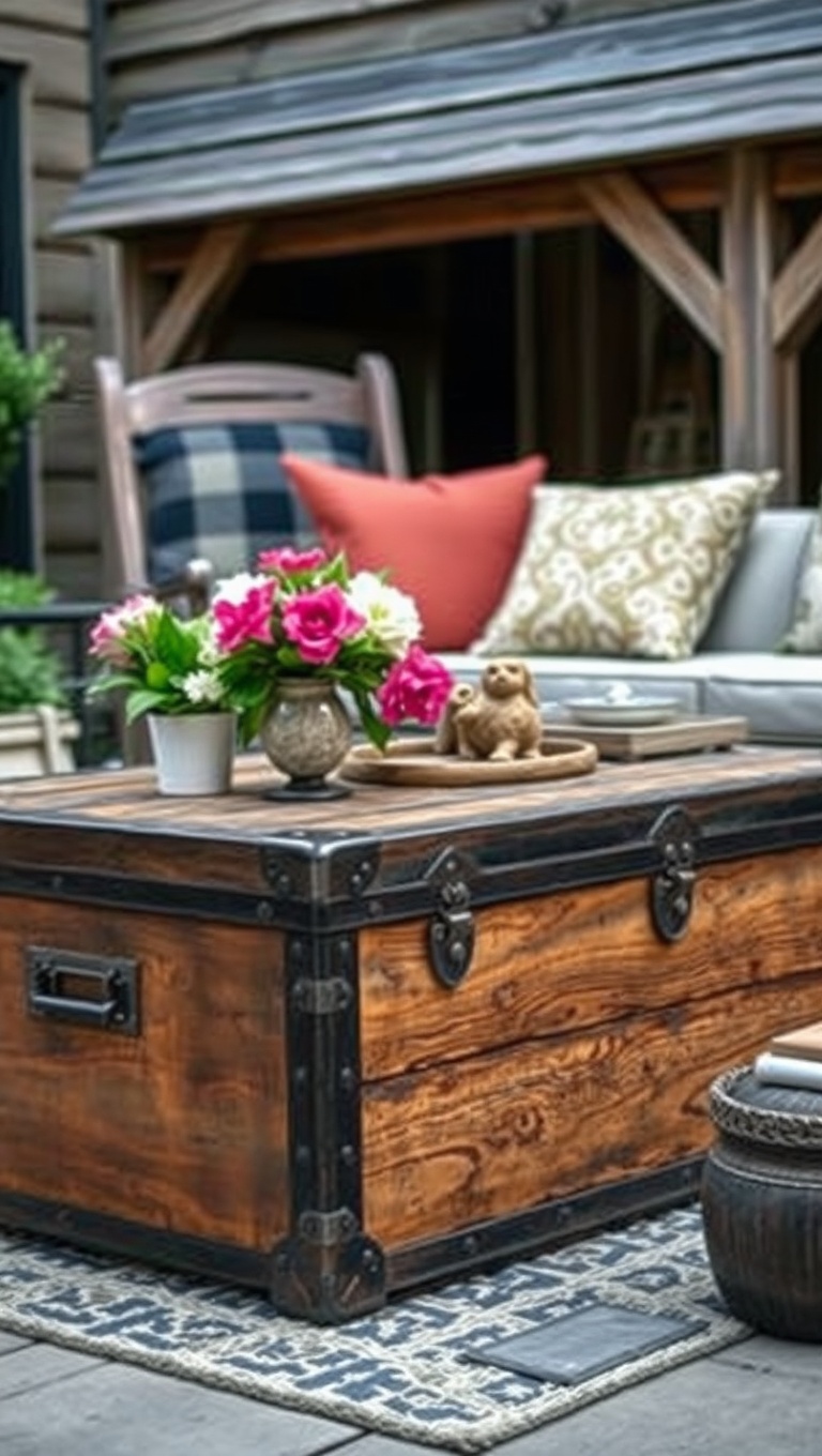 20 Rustic Patio Furniture Ideas to Transform Your Outdoor Space - 11. Vintage Trunk as a Coffee Table: Storage with Style