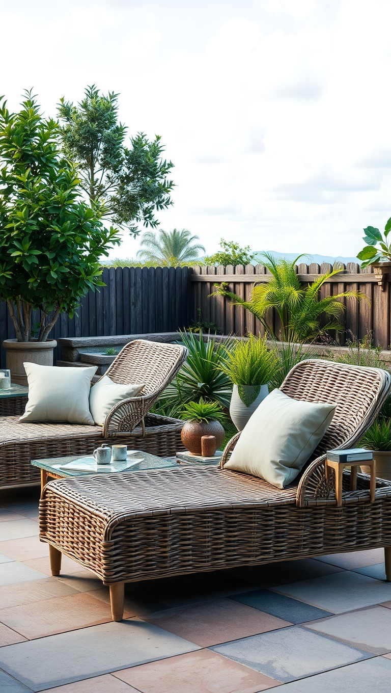 20 Rustic Patio Furniture Ideas to Transform Your Outdoor Space - 5. Woven Rattan Loungers: Style Meets Comfort