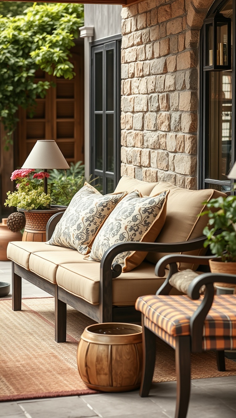 20 Rustic Patio Furniture Ideas to Transform Your Outdoor Space - 20. Outdoor Cushions with Earthy Tones: Comfort and Style