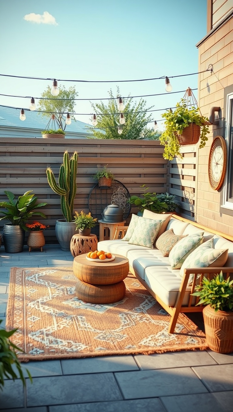 20 Creative Ideas for Stunning Seasonal Patio Decorations - 10. Trendy Outdoor Rugs to Define Your Space