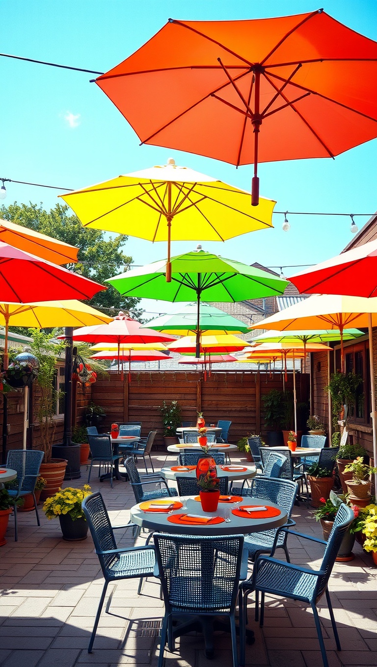 20 Creative Ideas for Stunning Seasonal Patio Decorations - 17. Bright Umbrellas for Shade and Style