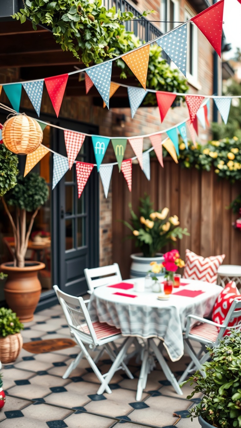 20 Creative Ideas for Stunning Seasonal Patio Decorations - 15. Playful Bunting and Banners for Celebrations