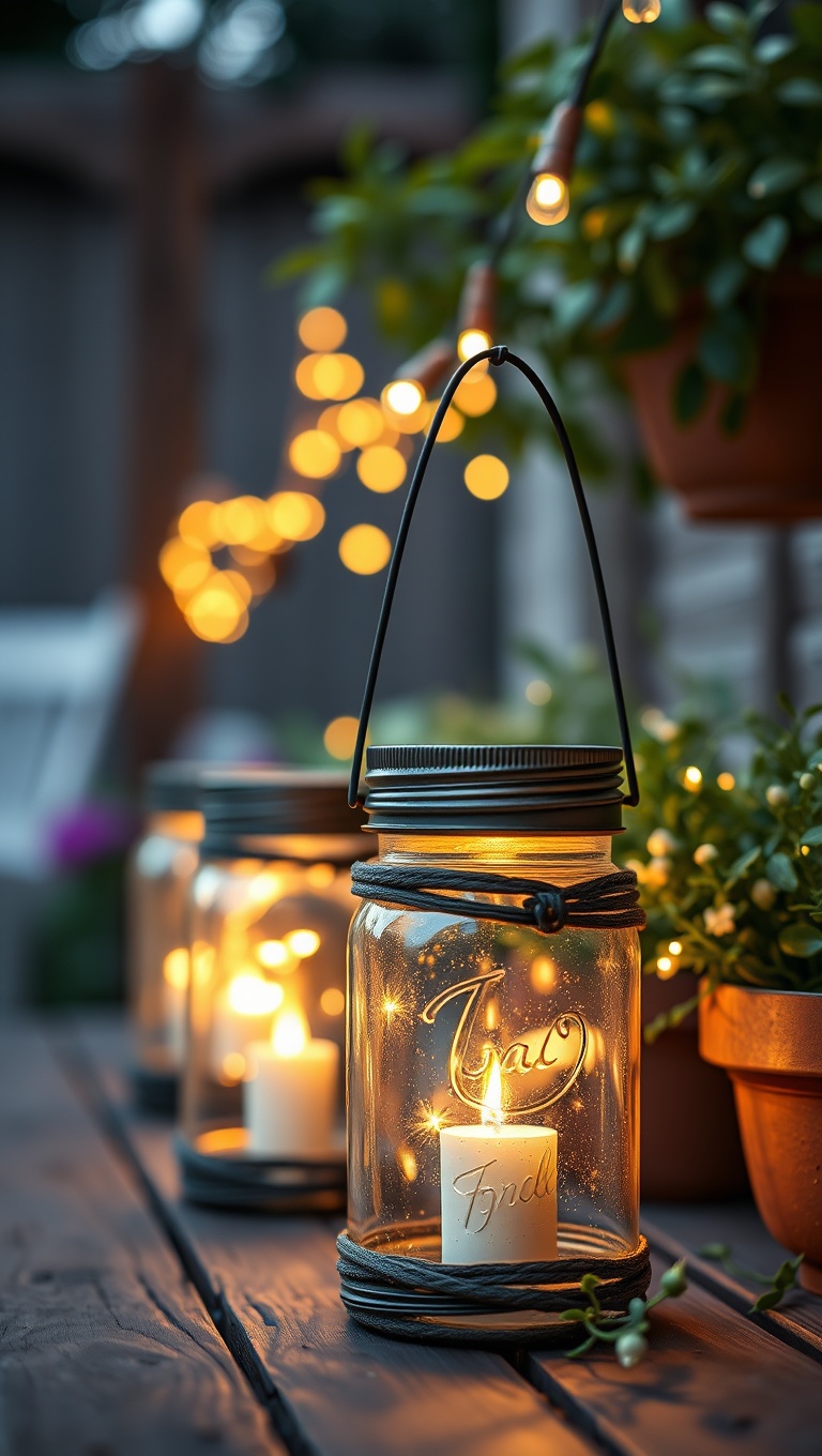 20 Ways to Light Up Your Patio with Twinkling Lanterns - 2. Rustic Mason Jar Lanterns: Country Charm