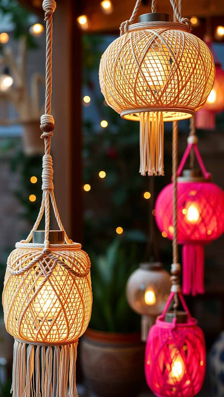 20 Ways to Light Up Your Patio with Twinkling Lanterns - 15. Boho Chic Macramé Lanterns: Textured Delight