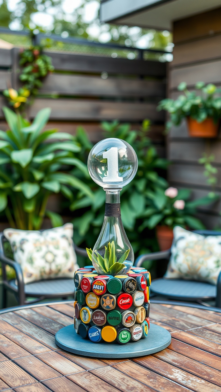 20 Creative Ideas to Upcycle Your Patio Decor - 20. Recycled Bottle Cap Tabletop Art