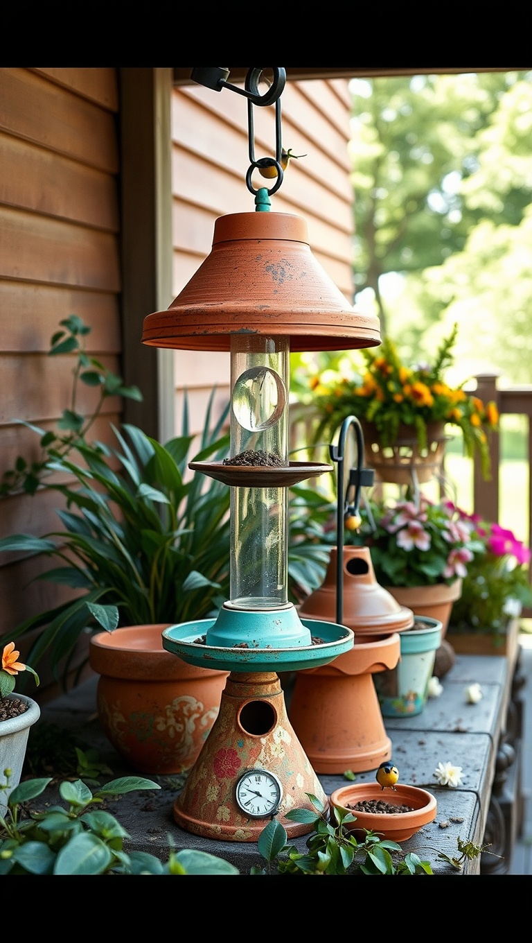 20 Creative Ideas to Upcycle Your Patio Decor - 14. Broken Pot Bird Feeders