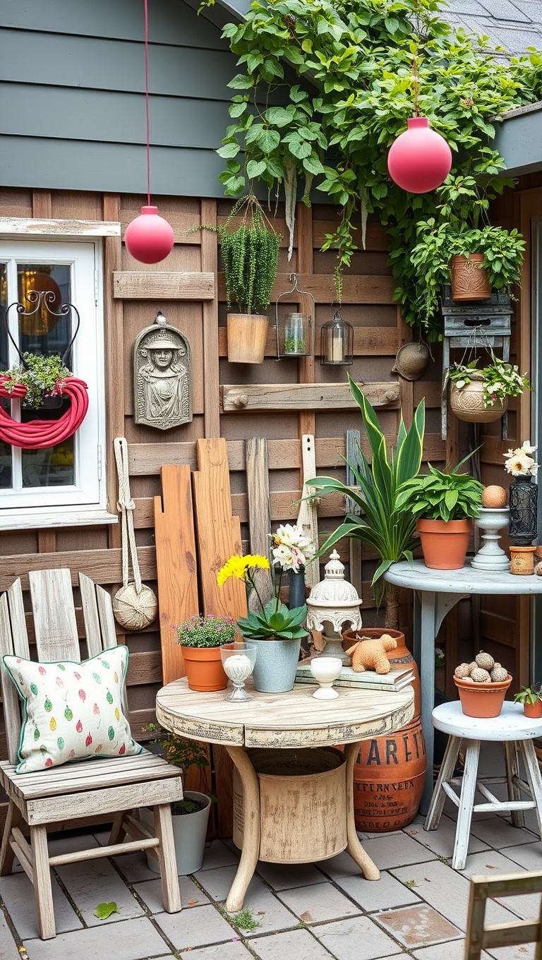 20 Whimsical Patio Decor Ideas to Transform Your Outdoor Space - 13. Upcycled Treasures as Fun Decor Pieces